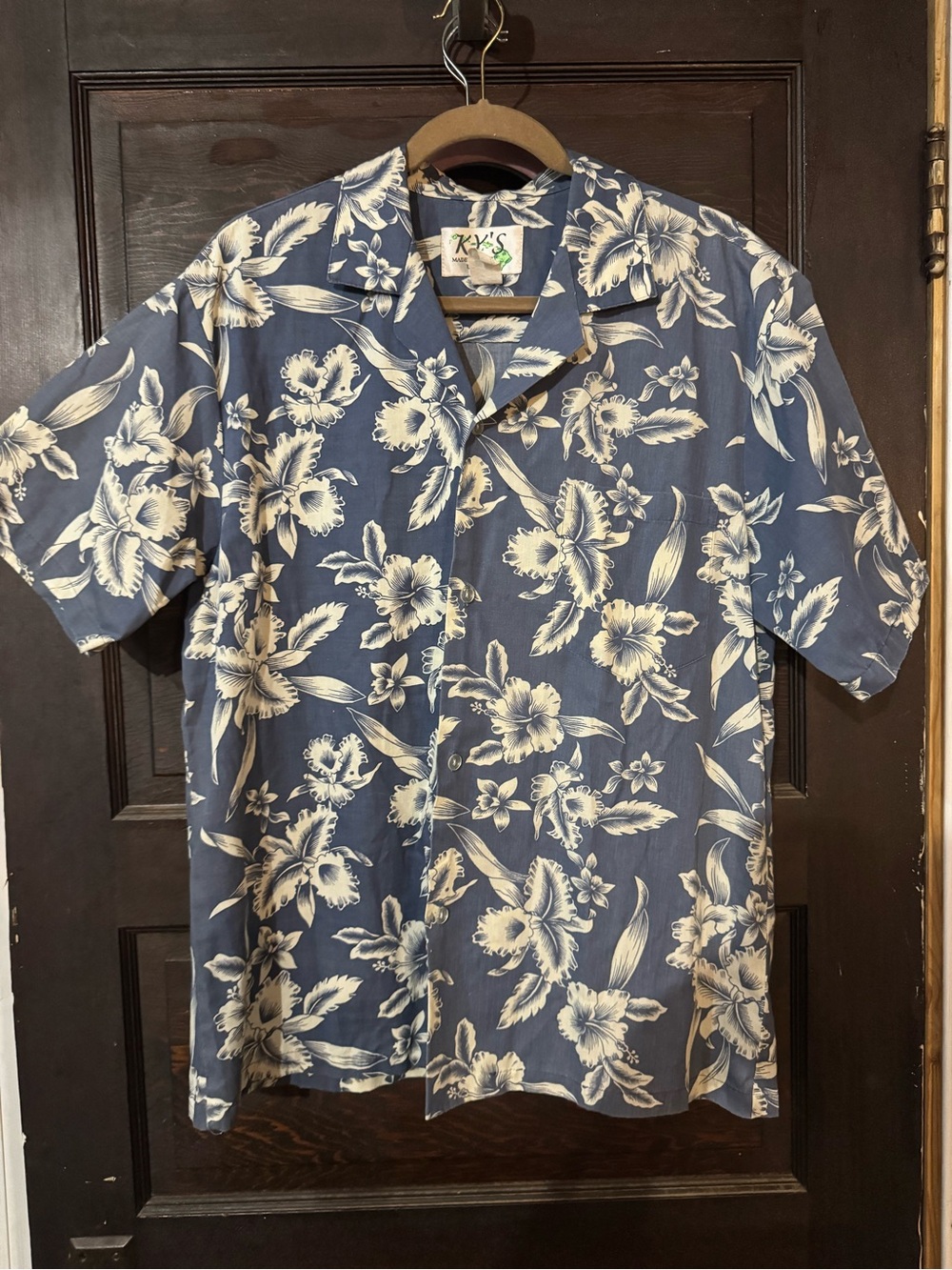 Vintage KY's Men's Blue Floral Hawian Short-Sleeve Button-Down Shirt